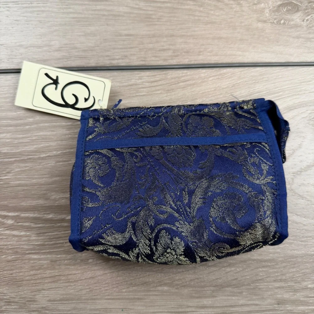 Oscar de la Renta Womens Cosmetic Bag Brocade Floral Blue Gold OS